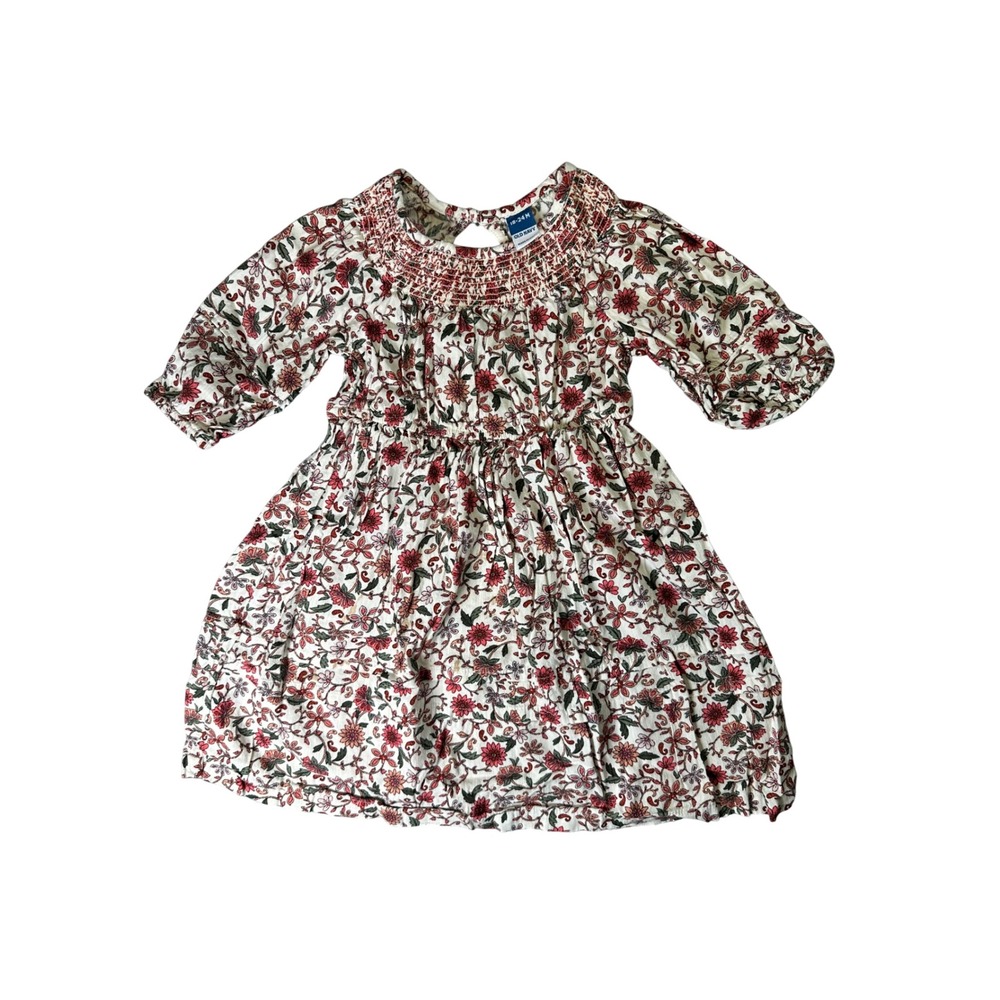 Old Navy Floral Smocked Waist Dress Boho Cottagecore 18-24M Cream Red Earthy